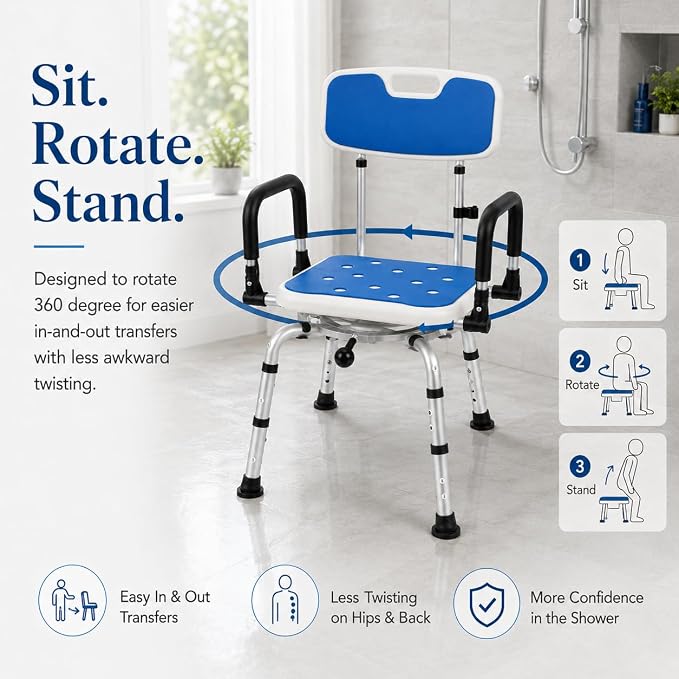 Deluxe Swivel Shower Chair with Arms & Back by CZMY, 360° Locking Seat, 5-Level Height Adjustable, Padded Heavy-Duty Bath Chair, 300 lbs, for Seniors, Elderly, & Disabled (Blue with Flip-Up Arms)