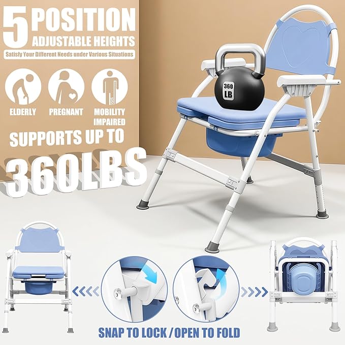 4 in 1 Folding Bedside Commode Chair for Seniors & Disabled - Adjustable Height Adults Potty Chair with Arms, Back & 30 PCS Cleaning Bag for Pregnant Women & Post-Surgery - Supports 360 lbs(ABS Seat)