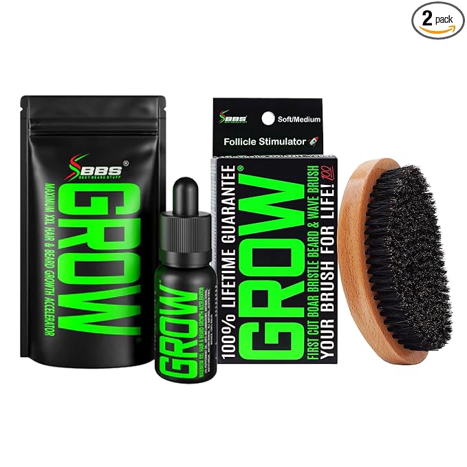 Beard Growth Kit w/GROW XXL Beard Oil/Serum for Facial Hair Growth for Men + 100% Lifetime Replacement First Cut Boar Bristle Brush & 360 Wave Brush for Men - Formulated in America
