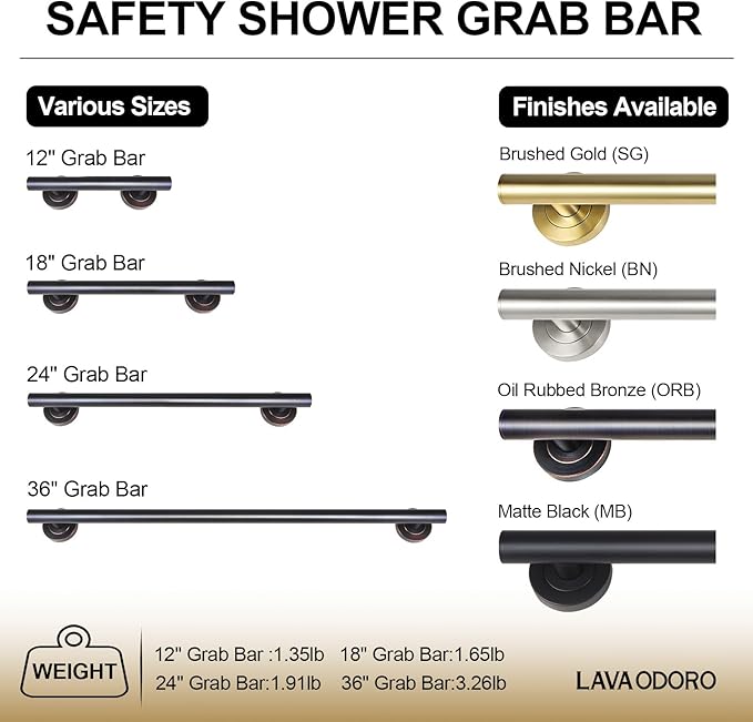 Lava Odoro Shower Grab Bar, Modern Stainless Steel Handicap Grab Bar for Bathtubs and Showers, Shower Safety Bar for Seniors Disabled, ADA-Compliant (Oil Rubbed Bronze, 18 Inch)