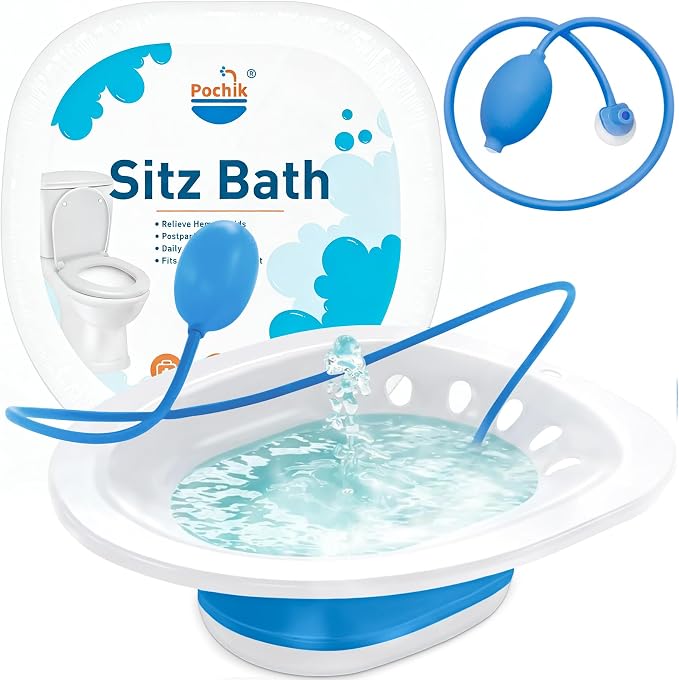 Pochik Sitz Bath for Toilet Seat Hemorrhoids and Postpartum Care, Yoni Steam Seat, Perineal Soaking, Collapsible, Flusher Hose, Drain Holes, Wider Seating Area - Blue