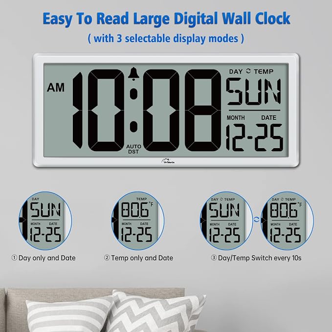 WallarGe 14.5'' Large Digital Wall Clock Battery Operated with Jumbo Numbers, Temperature and Date - Easy to Read and Set, Auto DST