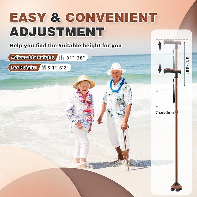 BeneCane Walking Cane for Men & Women Walking Stick for Seniors Folding Canes Quad Cane Adjustable Lightweight Sturdy Collapsible Heavy Duty with Soft TPR T-Handle and Travel Bag
