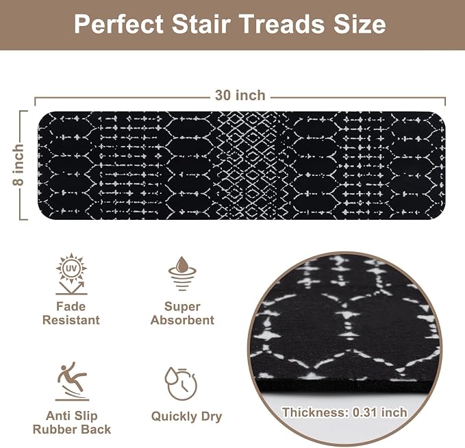 OJIA Stair Treads Non-Slip Stair Runners for Wooden Steps 15PCS 30"x8" | Indoor Carpet Stair Treads Stair Mats Staircase Step Treads for Kids, Elders and Dogs, Stair Covers, Black