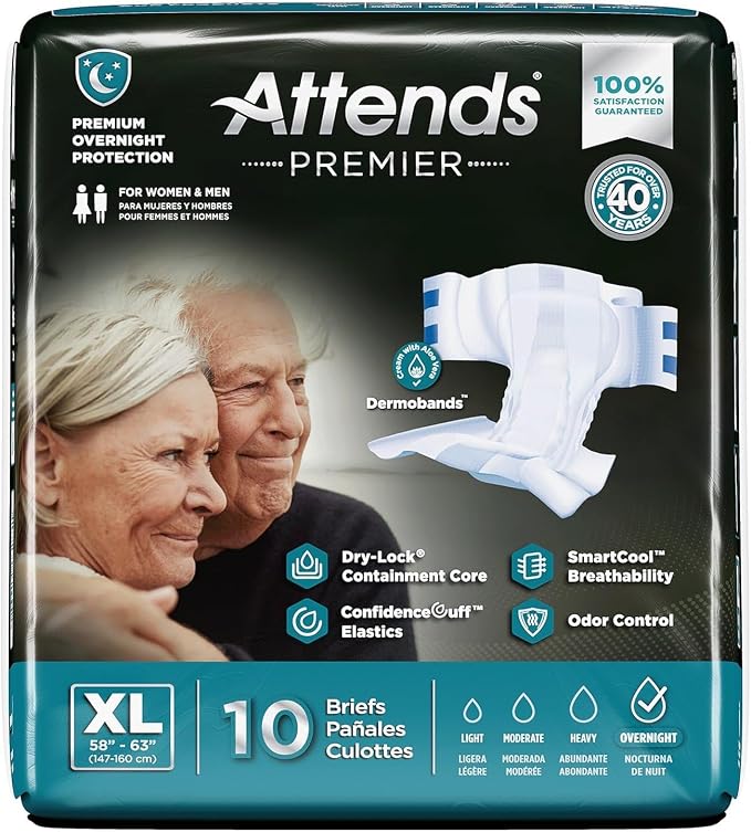 Attends Premier Adult Disposable SmartCool® Briefs, X-Large, 58-63" High-Rise Waist Tab Closure, Premium Overnight Dry-Lock Protection, Odor Control, 40ct Case