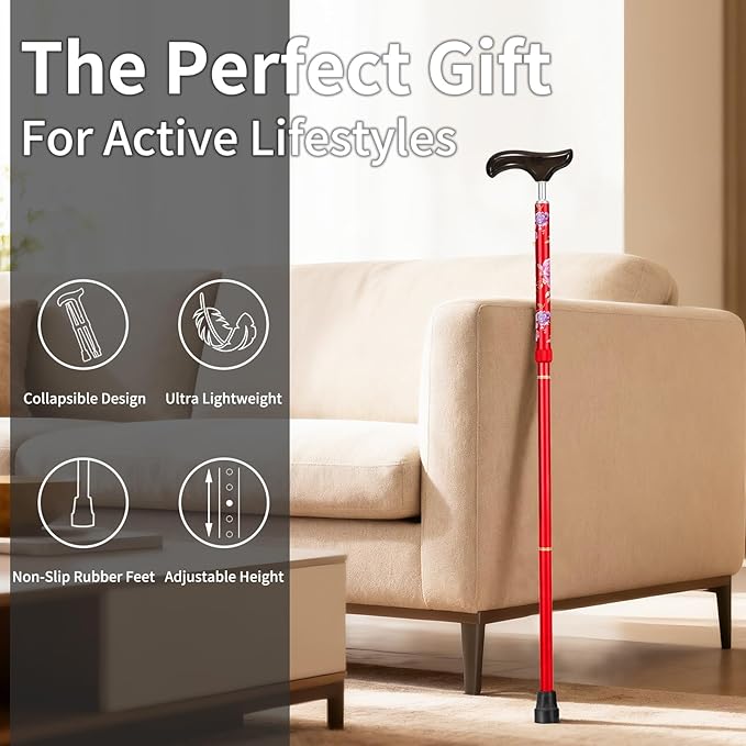 Stylish Foldable Walking Cane - Pattern Printed, Adjustable, for Men and Women Stability and Balance, Light Weight, for 5'~6' Height