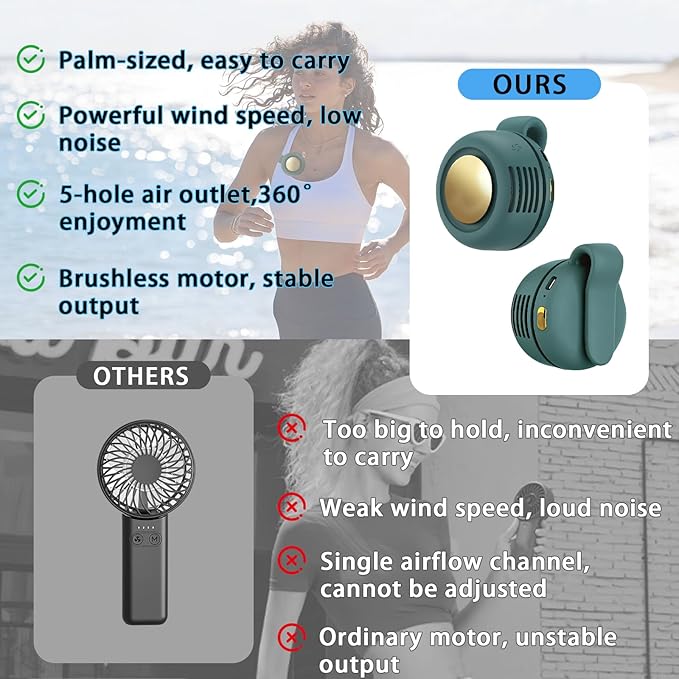 Portable Clip-On Fan, Mini USB Rechargeable 360° Rotatable Fan, Personal Fan 3-Speed Silent Mini Bladeless Fans (2 pack(White+Green))