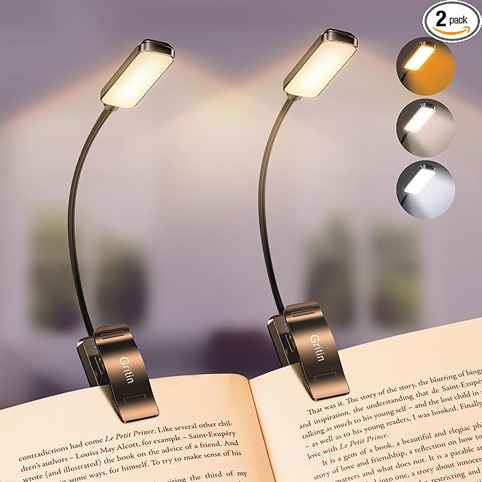 Gritin 2 Pack 9 LED Rechargeable Book Light for Reading in Bed | Eye Caring 3 Color Temps,Stepless Dimming Brightness,80 Hrs Runtime Small Lightweight Clip On Book Reading Light-Black