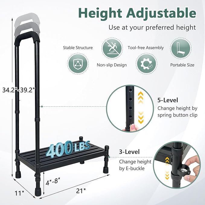 Car Step Stool with Handle for Elderly, Medical Handicap Step Stools with Handrail, Seniors Bed Steps for High Beds, Heavy Duty Metal Stepping Stool with Safety Step Platform, Vehicle Step Up Assist