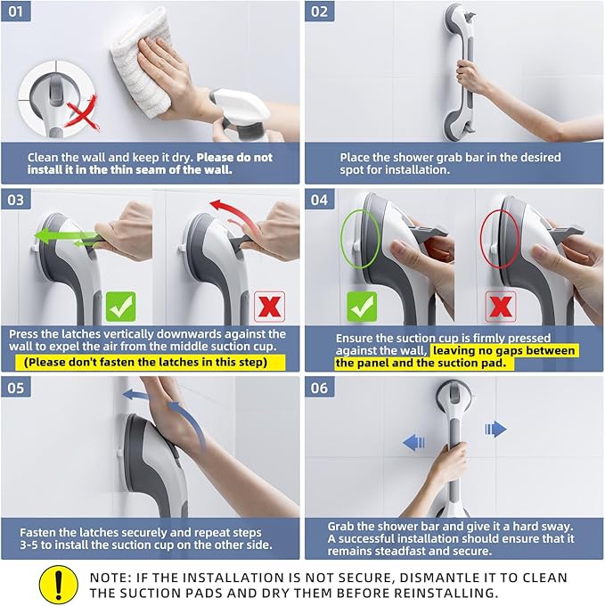Grab Bars for Bathtubs and Showers Glow in The Dark, 17 inch Suction Grab Bar, Shower Handle Safety Grip Handrail for Seniors and Elderly, Removable Waterproof No Drilling, Grey