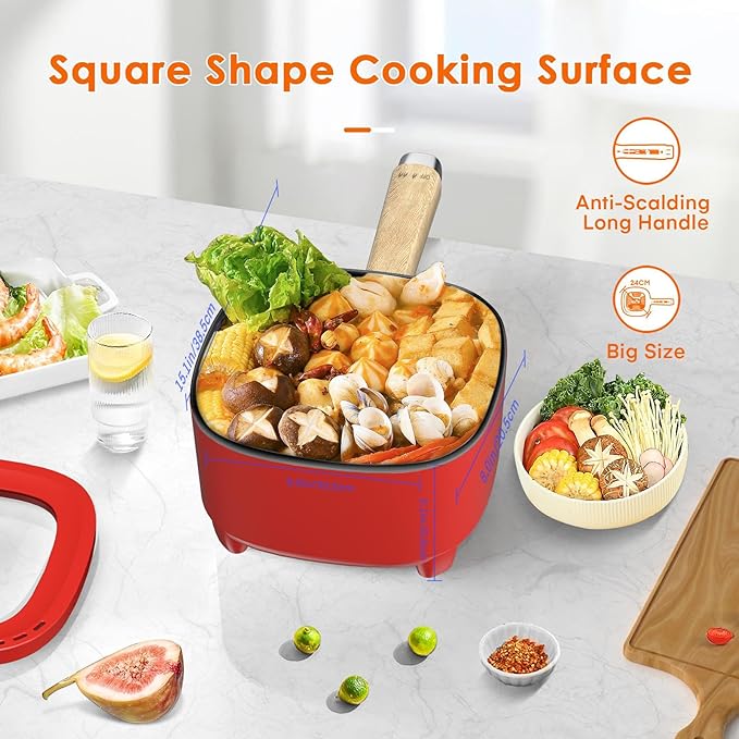 Audecook Hot Pot Electric 2L, Cermic Glaze Non-Stick Frying Pan 8 Inch, Portable Travel Cooker for Ramen/Steak/Fried Rice/Oatmeal/Soup, with Dual Power Control (Silicone Spatula Included)