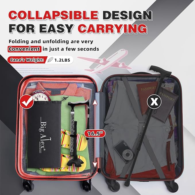 BigAlex Lightweight Collapsible Walking Cane with Soft Comfortable TPR Handle for Seniors and Elderly Adults, Larger Handle for Comfort, Adjustable Support Stick, Portable Travel Aid for Men & Women