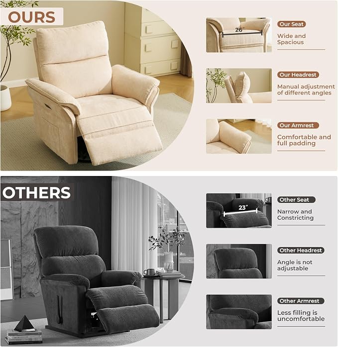 Oversized Power Recliner Chair Swivel Glider with Massage and Heat, Rocker Nursery Recliner for Adults with Adjustable Headrest, 24" Extra Wide Nursery Chair with Overstuffed Armrest,Beige