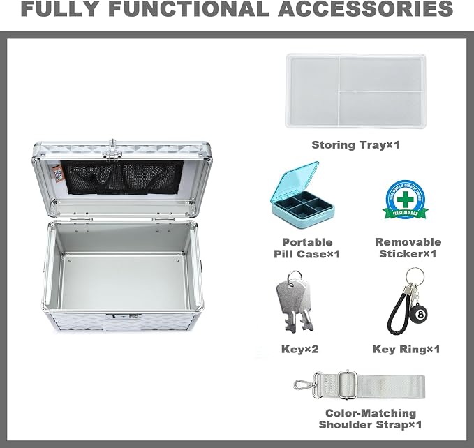 Storage Box with Key Lock, Lockable Medicine Storage Box, Empty First Aid Box, Security Lock Box, Multipurpose Locking Box for Home and Outdoor Use (Silver, Medium)
