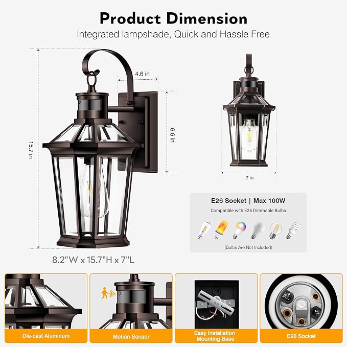 VIANIS Motion Sensor Outdoor Lights, 2 Packs Oil Rubbed Bronze Dusk to Dawn Outdoor Wall Lights Exterior, 100% Anti-Rust Aluminum Front Porch Wall Lantern, Modern Outdoor Wall Sconce for House, E26