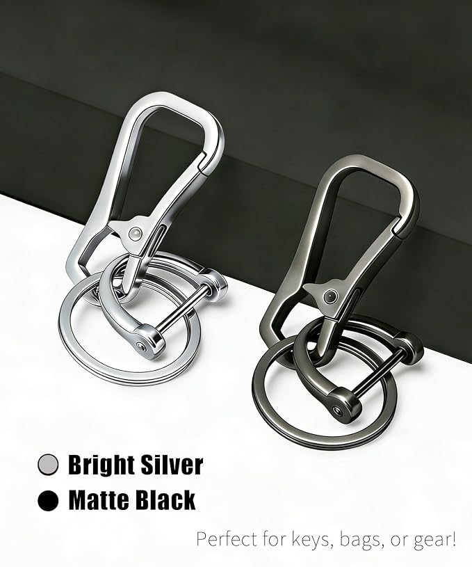 Metal Key Chain Carabiner Clip with Key Ring and D Ring | Heavy duty build, full accessory packs, quick release, multi purpose hook, belt loop holder, separate home and car fob sets