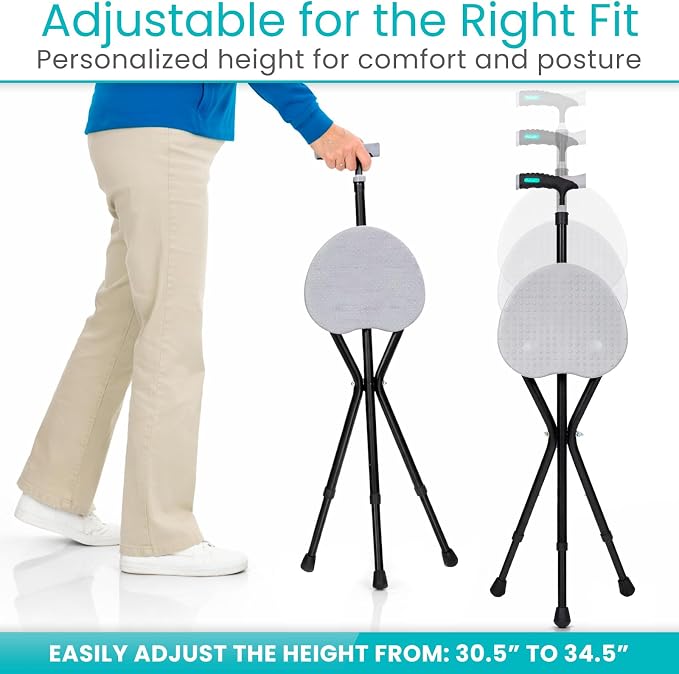 Vive Cane with Seat for Seniors - 2-in-1 Portable Cane w/Stool for Adults - Adjustable Walking Stick w/Folding Chair - Lightweight Aluminium, Anti-Slip, Easy Carry