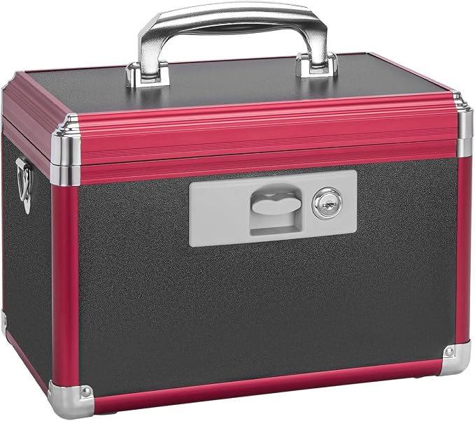 Medicine Lock Box with Key Lock - 10" Hard Case First Aid Safe Medication Storage with Removable Tray & Pockets for Pills, Home, Car & Outdoor - Black Red [No Strap]
