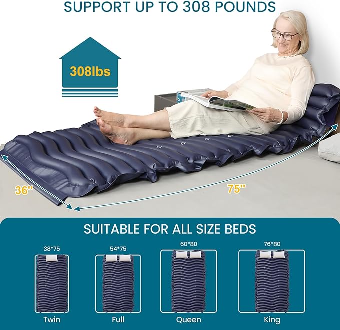 Kekoy Alternating Air Pressure Mattress Pad, Bed Sore Prevention, Hospital Bed Mattress Topper with Whisper Quiet Pump & Waterproof Heat Resistant Ulcer Cushion Pad for Home Use 75" x 36" Blue