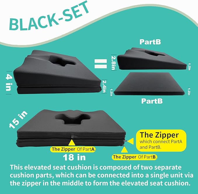 Gel Wheelchair Seat Cushion,Bed Sore Cushions for Butt,Sciatica,Coccyx,Pressure Sore & Ulcer Pain Relief Butt Pillow for Office Chair,Removable&Washable(Thickened&Support-Enhanced Set Black)