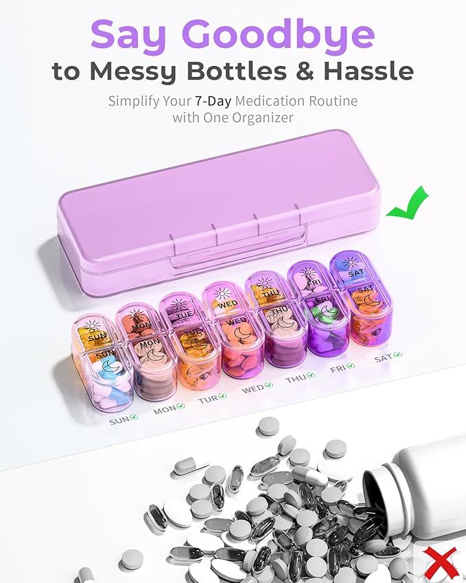 Pill Organizer, Am & Pm Pill Organizer 7 Days, Weekly Pill Case 2 Times a Day, Cute Pill Box 7 Day, Medicine Organizer for Travel, Vitamins, Fish Oils, Supplements (Gradient Pink-Purple)