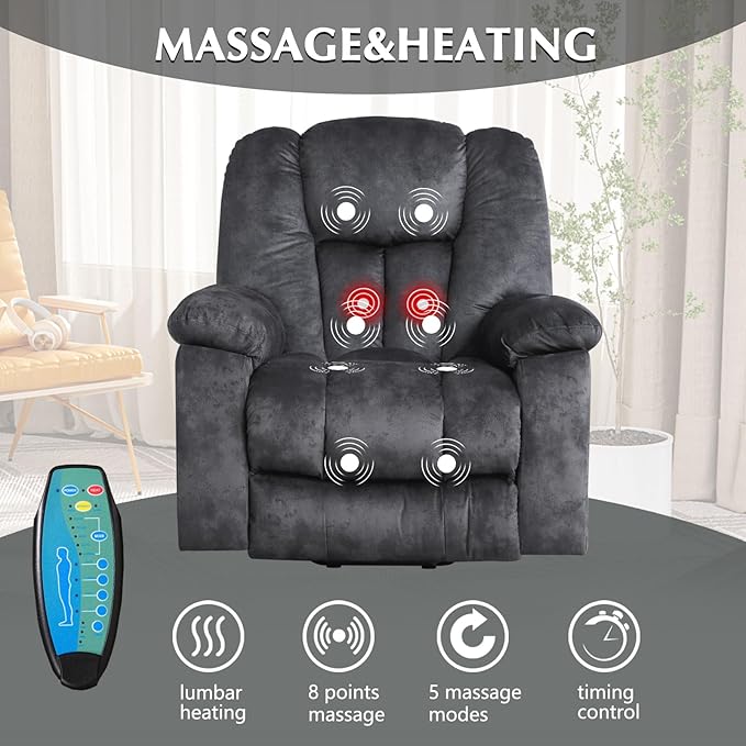 Large Power Lift Recliner Chair with Massage, Heat, and USB for Elderly, Overstuffed Wide Recliners, Heavy Duty and Safety Motion Reclining Mechanism, Gray
