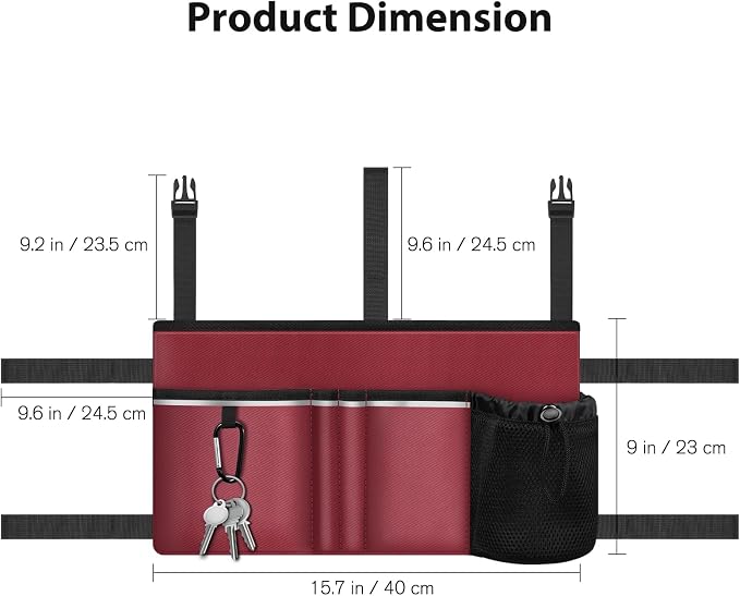 FINPAC Large Walker Tote Bag w/Cup Holder, Folding Walker Attachment Pouch | Water-resistant Polyester, Organized Pockets, Reflective Strip, Mobility Aid Storage Basket for Seniors, Burgundy