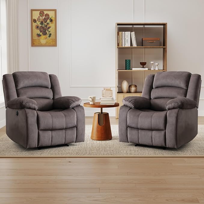 Power Recliner Chair for Adults Set of 2, Oversized Electric Recliner with Soft Cushion and Back, Upholstered Soft Fabric Reclining Chair for Living Room, Bedroom, Brown