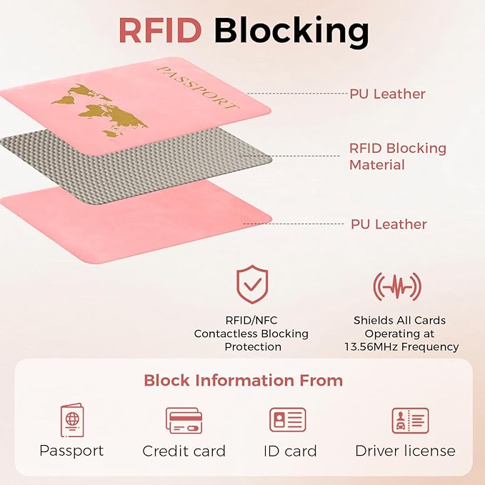 Passport Holder Travel Women Men, Passport Wallet with Airtag Slot, Pink | RFID Blocking PU Leather Passport Holder Cover Case with Card Holder, Pen Slot