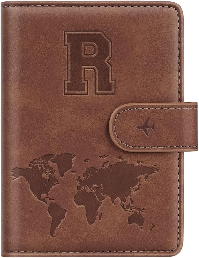 Passport Holder Wallet Cover Personalized Initial Travel Essentials | Embossed Letter A-Z Design, Travel Wallets, RFID Blocking, Passport Book Holders, Women Men, Personalized Gifts, Brown-R