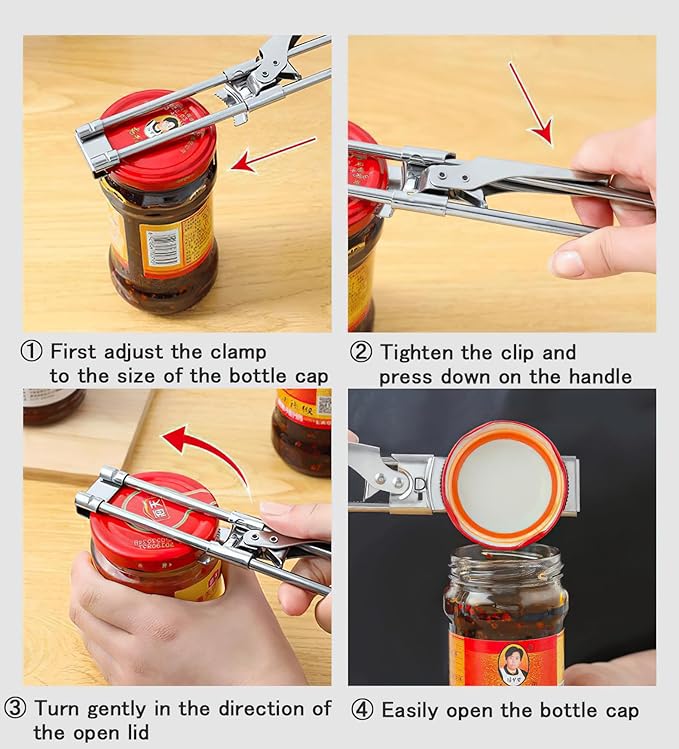 Jar Opener for Weak Hands, Adjustable Multifunctional Stainless Steel Can Opener Jar Lid Gripper With non-slip module, Removes Tight Jar Lid for Seniors with Arthritis, Manual, Kitchen Accessories
