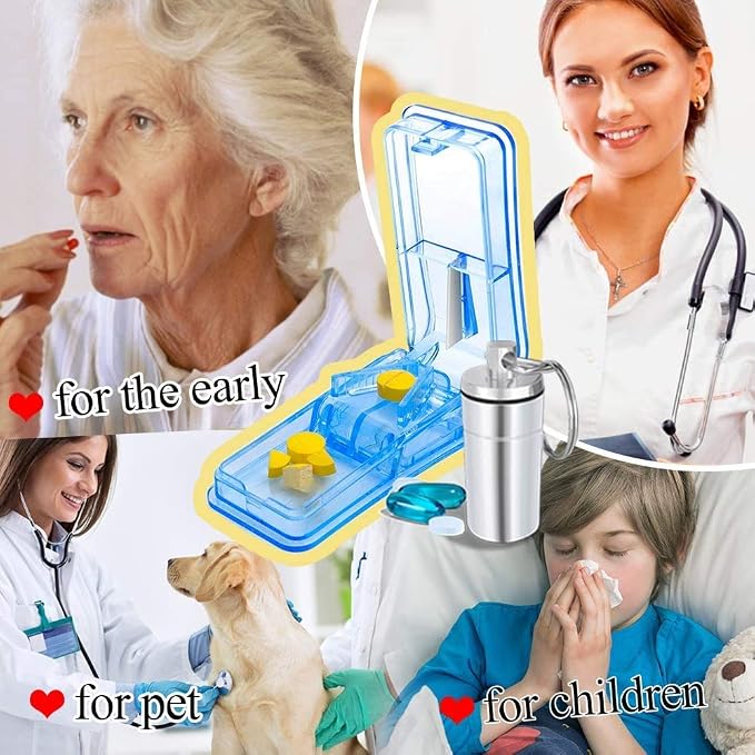 JohnBee Pill Cutter | Best Pill Cutter for Small or Large Pills | Designed in The USA| Cuts Vitamins | Includes Keychain Pill Holder (Blue) | pill splitter for small pills or 0.8" large pills
