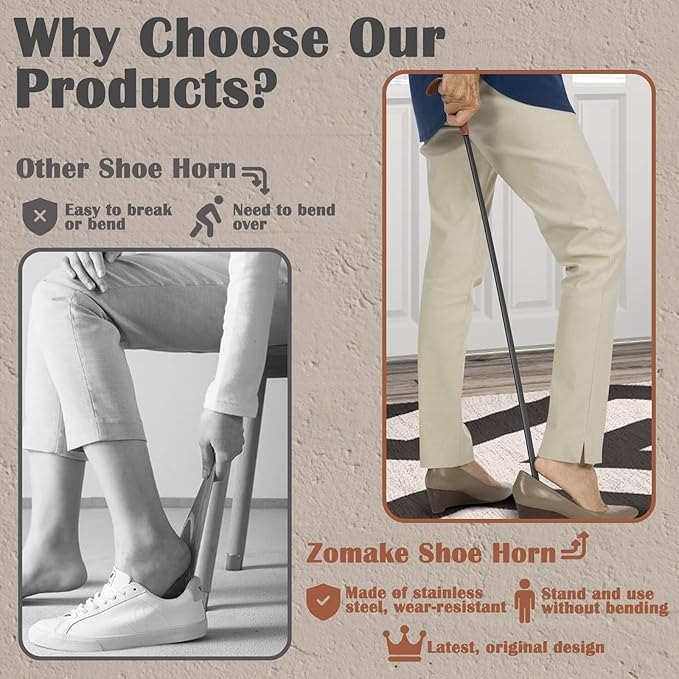 ZOMAKE Extra Long Shoe Horn for Seniors Men,Metal Shoehorn Long handle for Boots, 28.3'' Shoe Spoon Helper