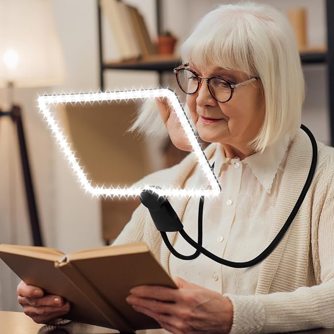 5X Large Hands Free Magnifying Glass with Light Full Page Magnifier for Reading with 50 Ultra-Bright LEDs and Flexible Gooseneck Neck Magnifying Glass with Light for Cross-Stitching Sewing Elderly