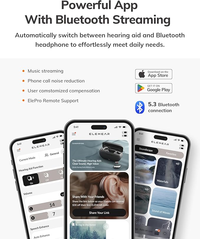 ELEHEAR-Beyond OTC Hearing Aids, AI Powered Speech Enhancement and Tinnitus Masking, Superior Sound Quality, Connectivity with iOS or Android Devices via Bluetooth 5.3, for Seniors and Adults
