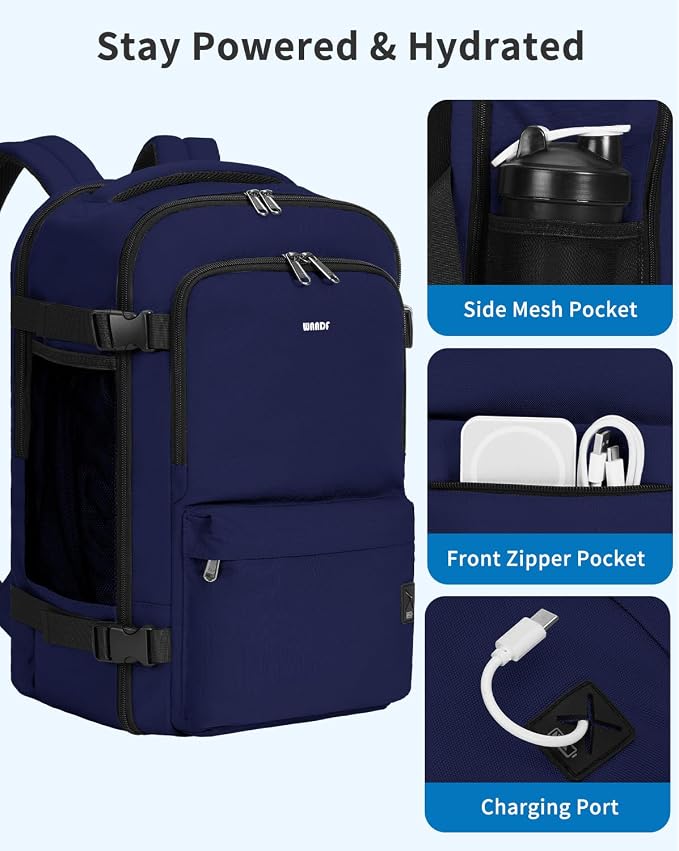 WANDF Personal Item Travel Bag, Small Travel Backpack 17x10x9 for United Airlines, 15.6" Laptop Backpack for Men Women (Navy Blue)