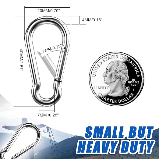 Small Carabiner Clip Hooks, 100pcs 1.57 inch Carabiners Heavy Duty, 304 Stainless Steel Spring Snap Hook Fits Camping Hiking, Metal Clips for Rope Chain Keys Rings