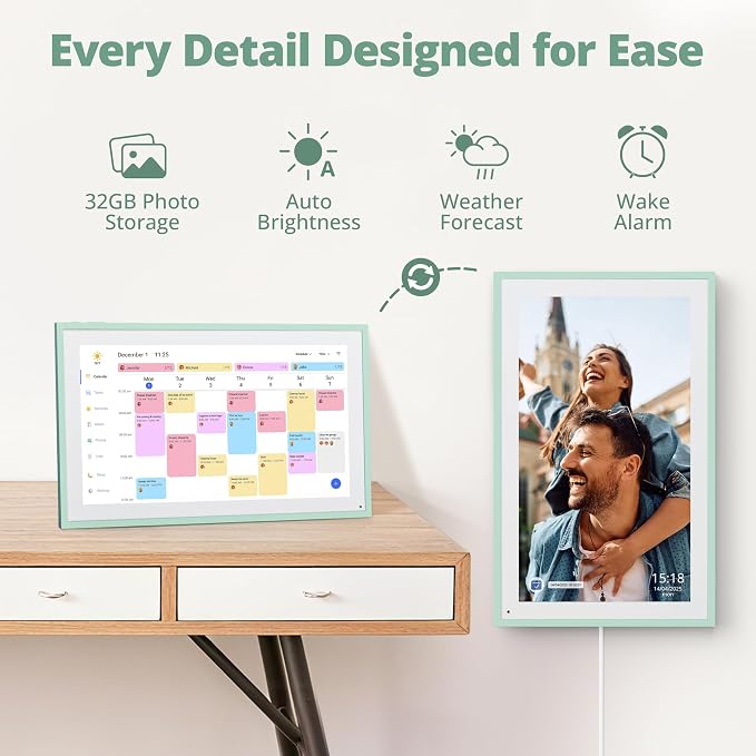 Dragon Touch 15.6 inch Digital Calendar & Chore Chart - Interactive Touchscreen Smart Family Planner,Digital Picture Frame for Mom, Women, Christmas & Weddings Mint Green