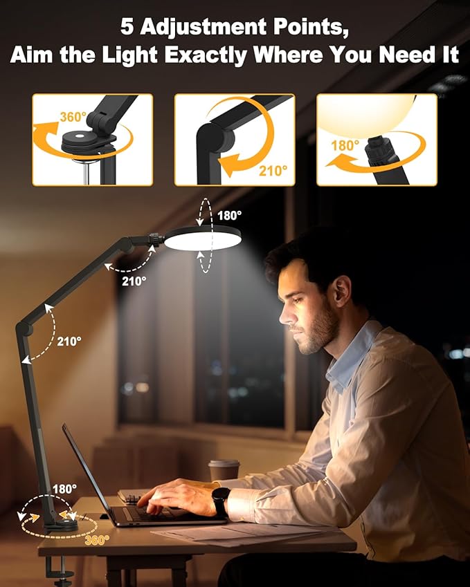 Desk Lamp, 16W LED Desk Light with Clamp & Adjustable Arm for Home Office Video Calls, Touch Control Eye-Care Light for Reading with 5 Color Temps (1700K-6000K) & 10 Brightness, Timer 0.5H/1H