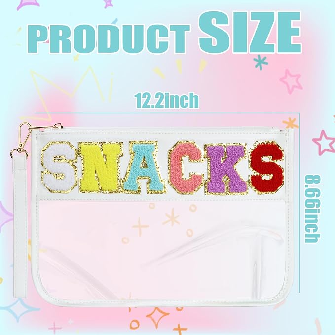 BuyCard Clear White Snack Bag for Travel, Varsity Chenille Letter Patch Flat Cosmetics Pouch with Zipper, Preppy Snacks Makeup Bags, Waterproof PVC&PU Cosmetic Toiletry Bag for Women Girls