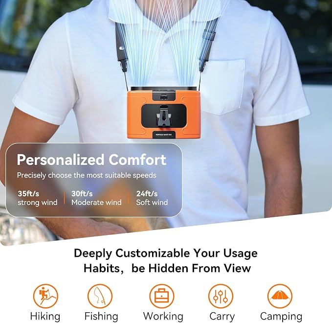 Doublepow 10000mAh Portable Waist Fan, Personal Dual Waist Fan, Clip On Belt Hanging Neck, Dual Motor 20H&10 Speed 16000RPM Strong Airflow, USB Rechargeable Fans, for Outdoor Work Travel(K60-Orange)