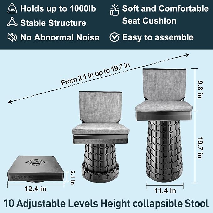 Upgraded Collapsible Stool with Backrest & Extra Thick Cushion,1000lbs Max Weight,Heavy Duty Portable Folding Outdoor Chair with Dual Storage Pockets,Telescoping Seat for Camping,Fishing & Travel,Yard