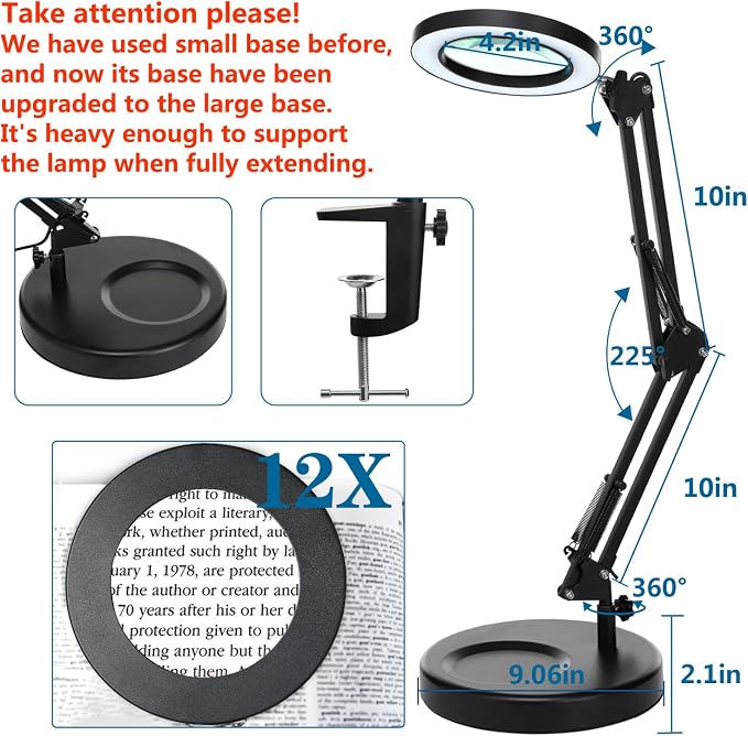 HITTI 12X Magnifying Glass with Light, 1,800 Lumens Stepless Dimmable, 3 Color Modes, 4.2″ Real Glass Lens LED Desk Lamp & Clamp, Magnifier Light and Stand for Crafts, Soldering, Fly Tying, Close Work