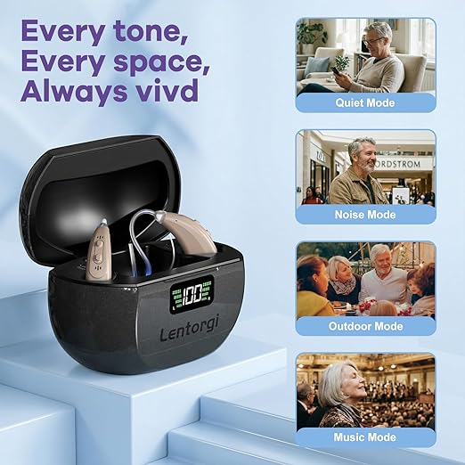 Hearing Aids with UV Cleaning Light, Rechargeable OTC Hearing Aids for Seniors and Adults, Noise Reduction, Battery Level Display, Premium Speech Clarity - Beige