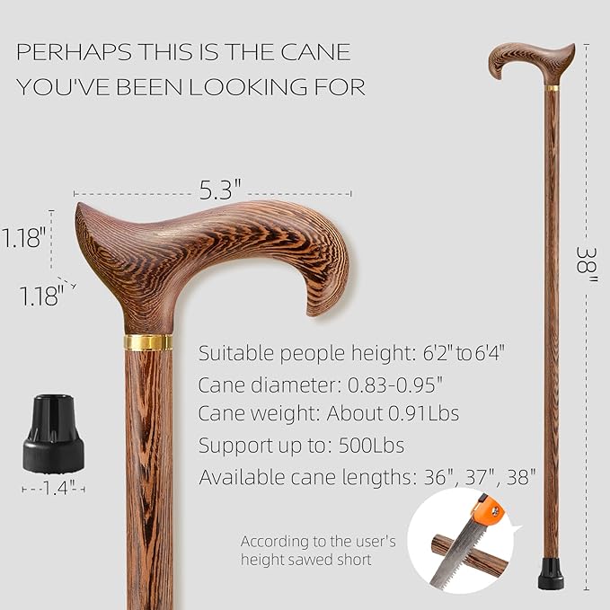 Walking Cane, Available in Multiple Inches Wooden Cane Support up to 500 Lbs, Suitable for Fancy Wooden Walking Cane for Men and Women with Extreme Demands
