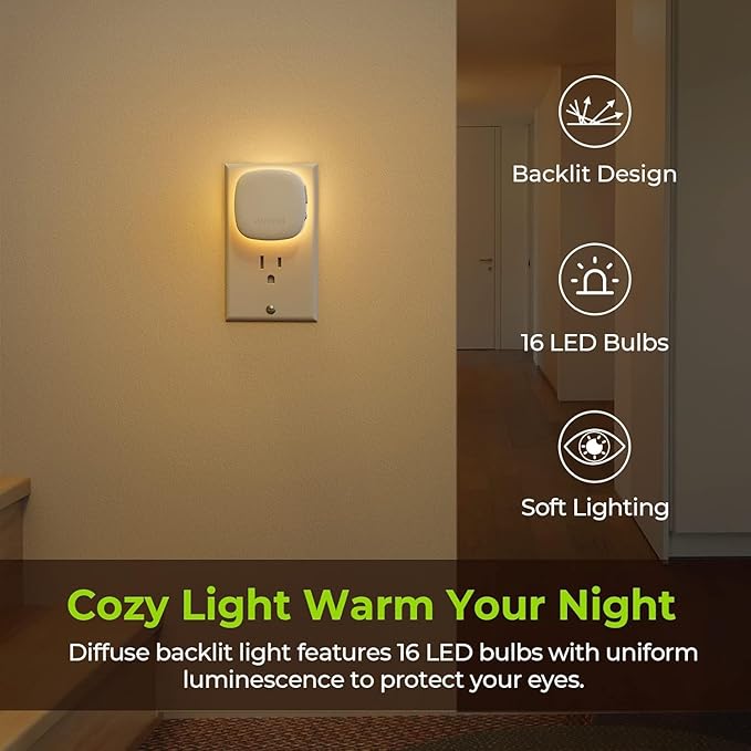 AUVON 4 X Plug-in LED Backlit Night Light with Motion & Dusk to Dawn Sensor | 2200K Soft Warm White Nightlight with 1-50lm Dimmable Brightness for Adults & Kids' Bedroom, Bathroom, Hallway