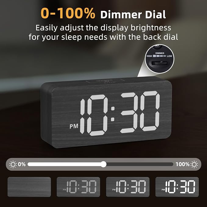 uscce Wooden Digital Alarm Clocks for Bedrooms with 0-100% Dimmable Display | Desk Clock with Large Numbers for Living Room - Loud Dual Alarm for Heavy Sleepers with Volume Control - Wood Decor & Gifts