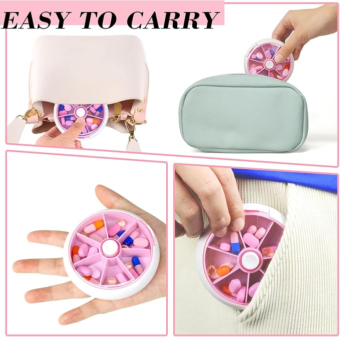 Pill Organizer Travel Pill Case for Purse Portable Pill Box Round Weekiy Pill Container for Vitamin Fish Oil Pills Supplements
