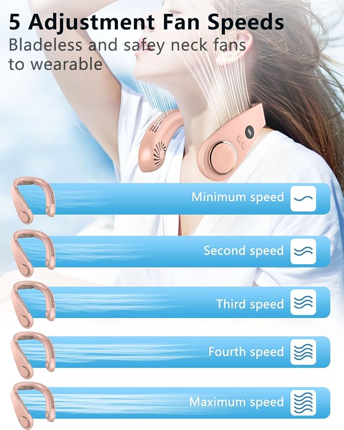 Neck Fan that Blow Cold Air with Cooling Plate, Recharable 5500mAh Battery Powered, Potable Silent Mini Neck Air Conditioner, Cordless Leafless Quiet Face Fans for Kid Adults Travel Work Sports, Pink