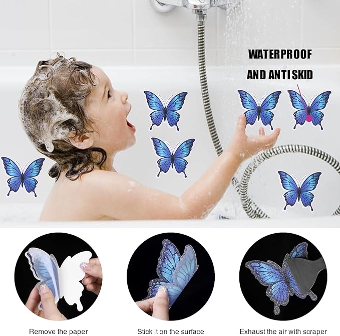 20 PCS Non Slip Bathtub Stickers, Adhesive Butterfly Anti Slip Decal Treads for Shower and Bath Tub with Premium Scraper (Blue)